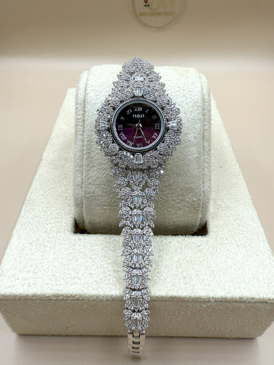 Red Dial 925 Silver Watch with Zircon Stones