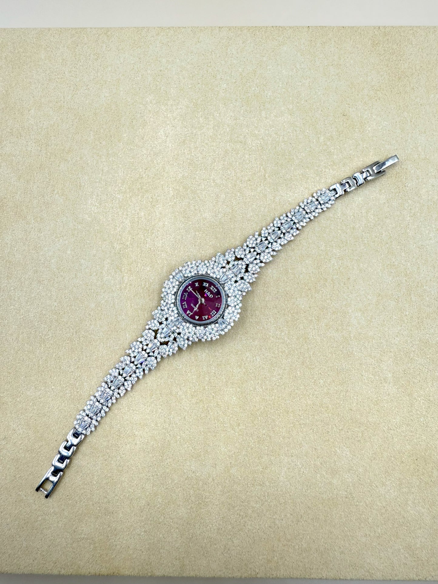 Red Dial 925 Silver Watch with Zircon Stones