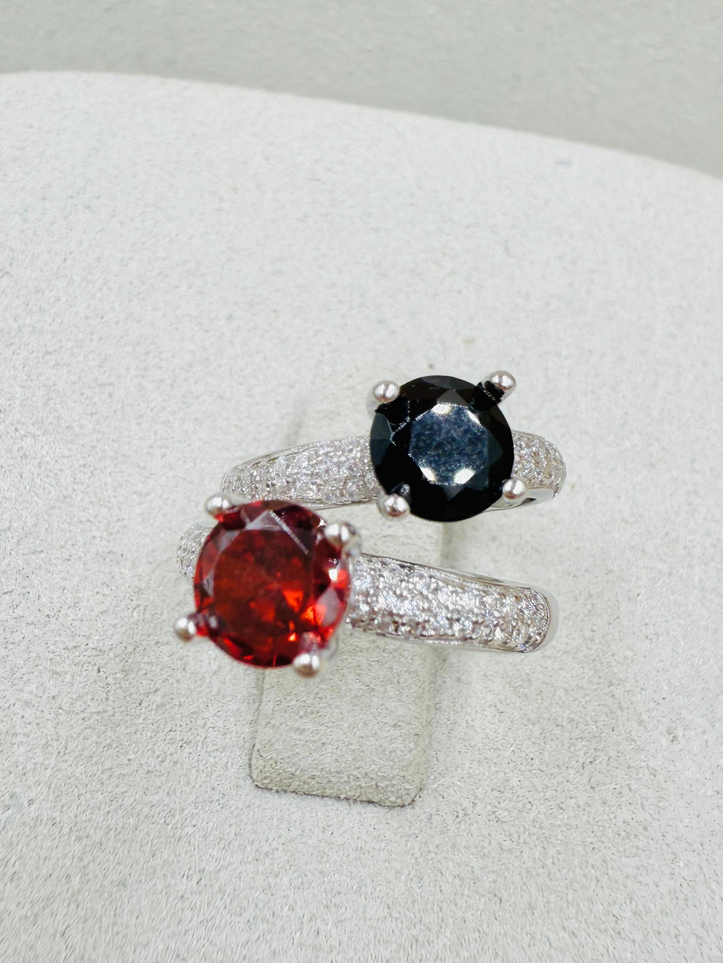 Dual Zircon Statement Ring – Red & Black Elegance