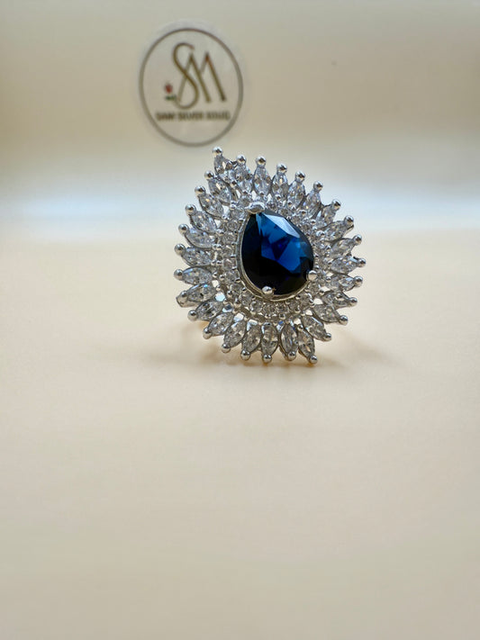 Royal Blue Halo Statement Silver Ring