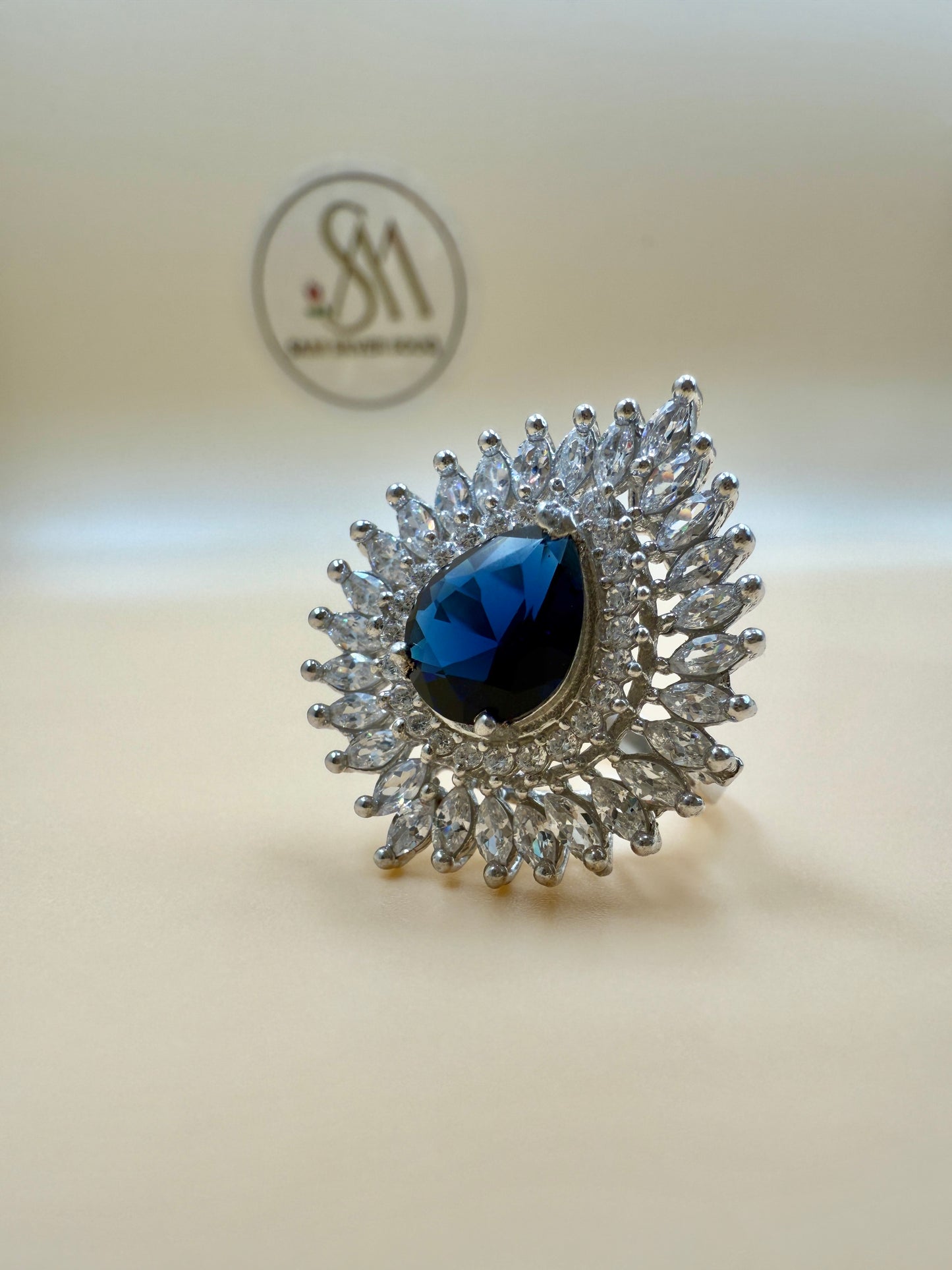Royal Blue Halo Statement Silver Ring