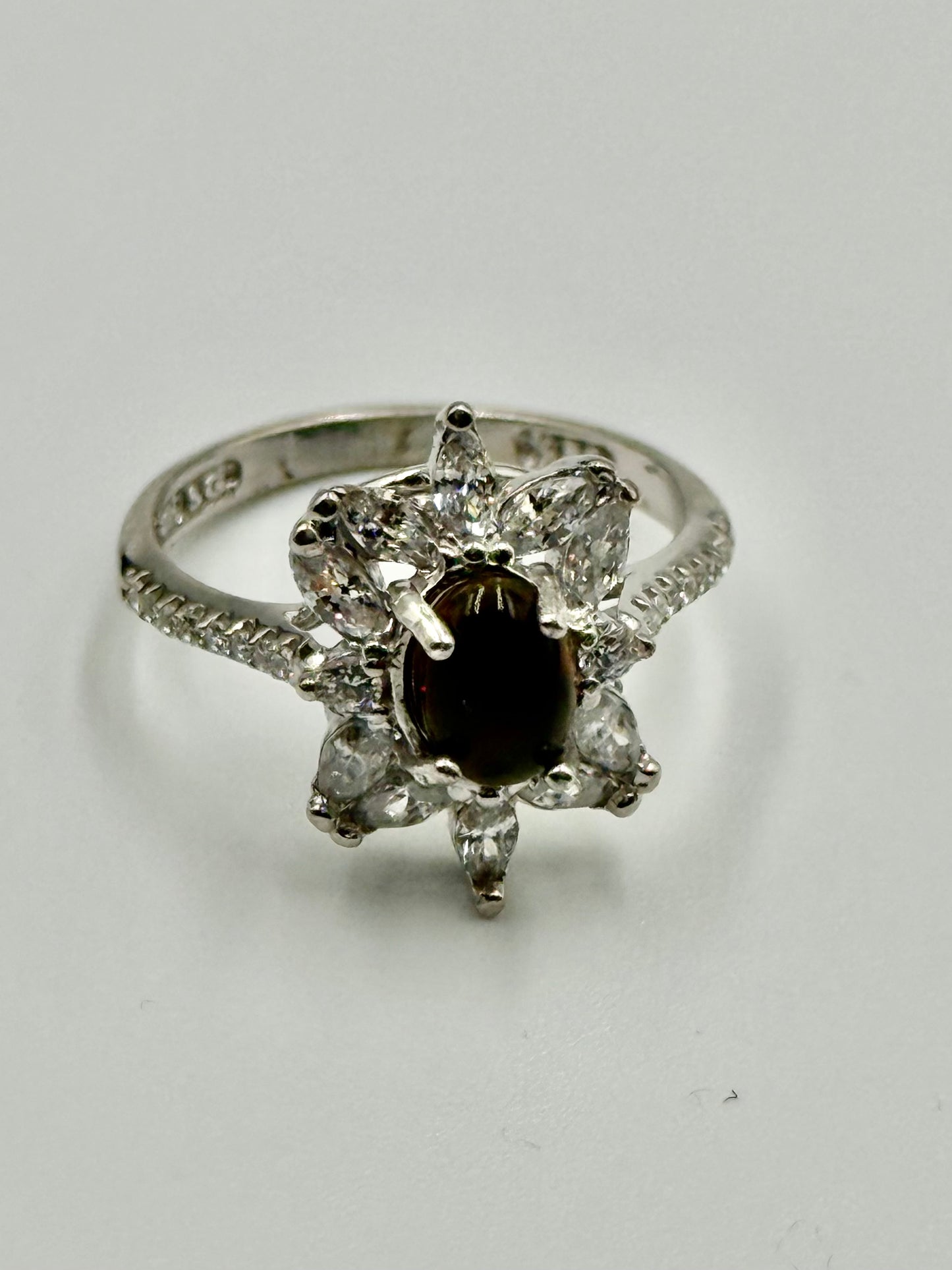 Black Opal & Zircon Flower Silver Ring