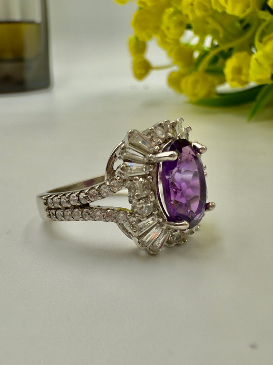 Natural Amethyst Sunburst Silver Ring