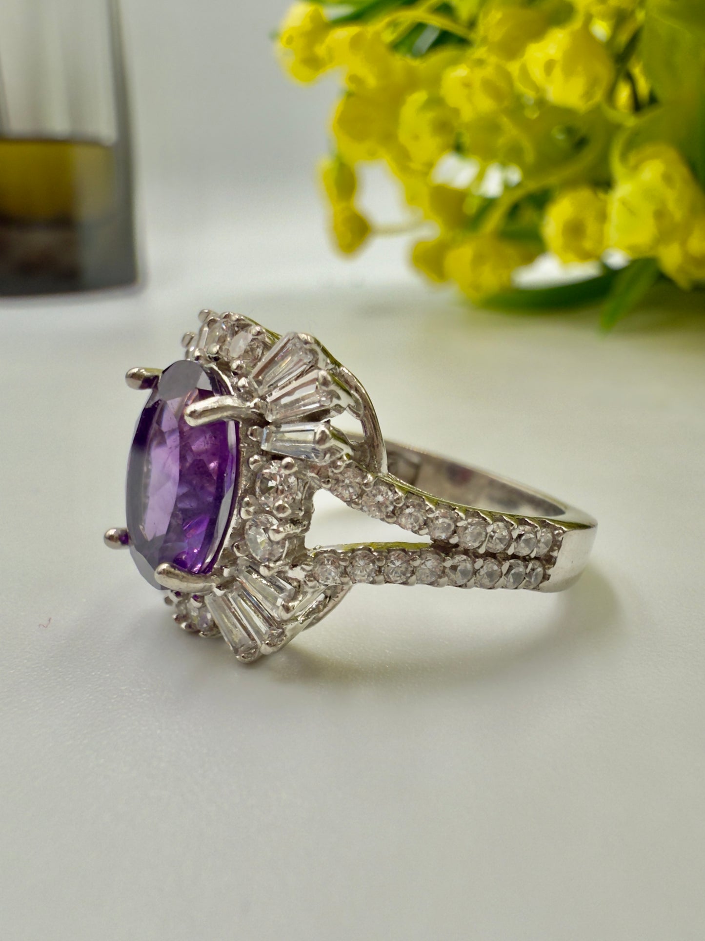 Natural Amethyst Sunburst Silver Ring