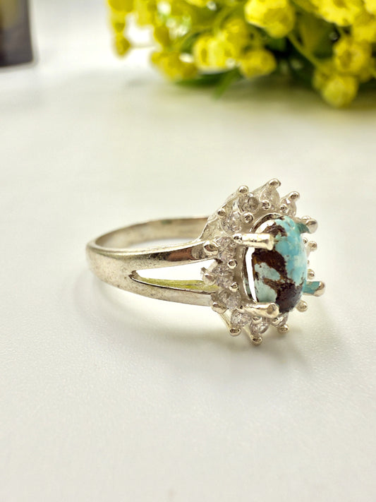 Natural Turquoise & Zircon 925 Silver Ring