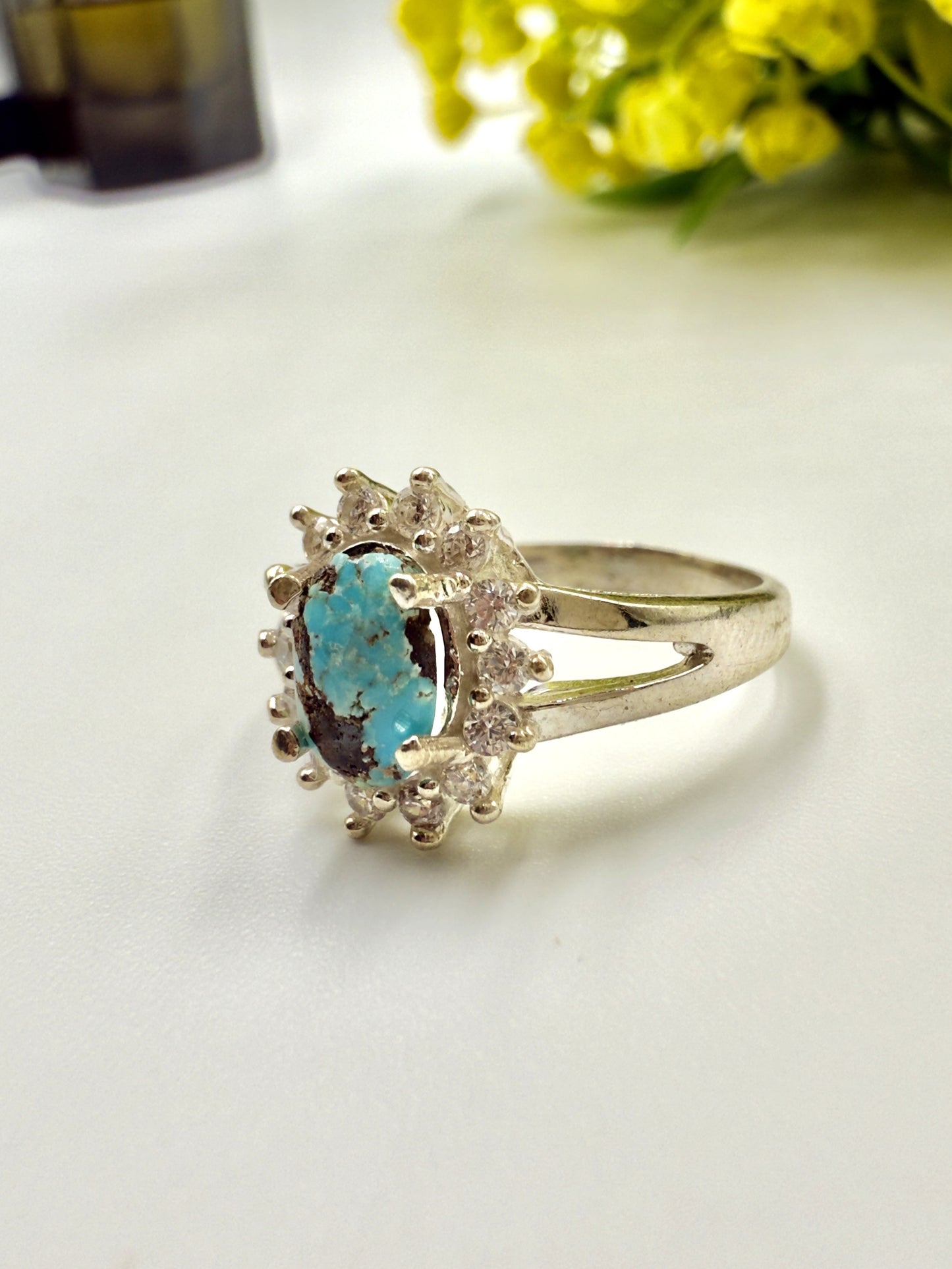 Natural Turquoise & Zircon 925 Silver Ring