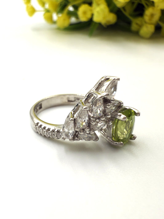 Elegant Natural Peridot & Zircon Accent Silver Ring