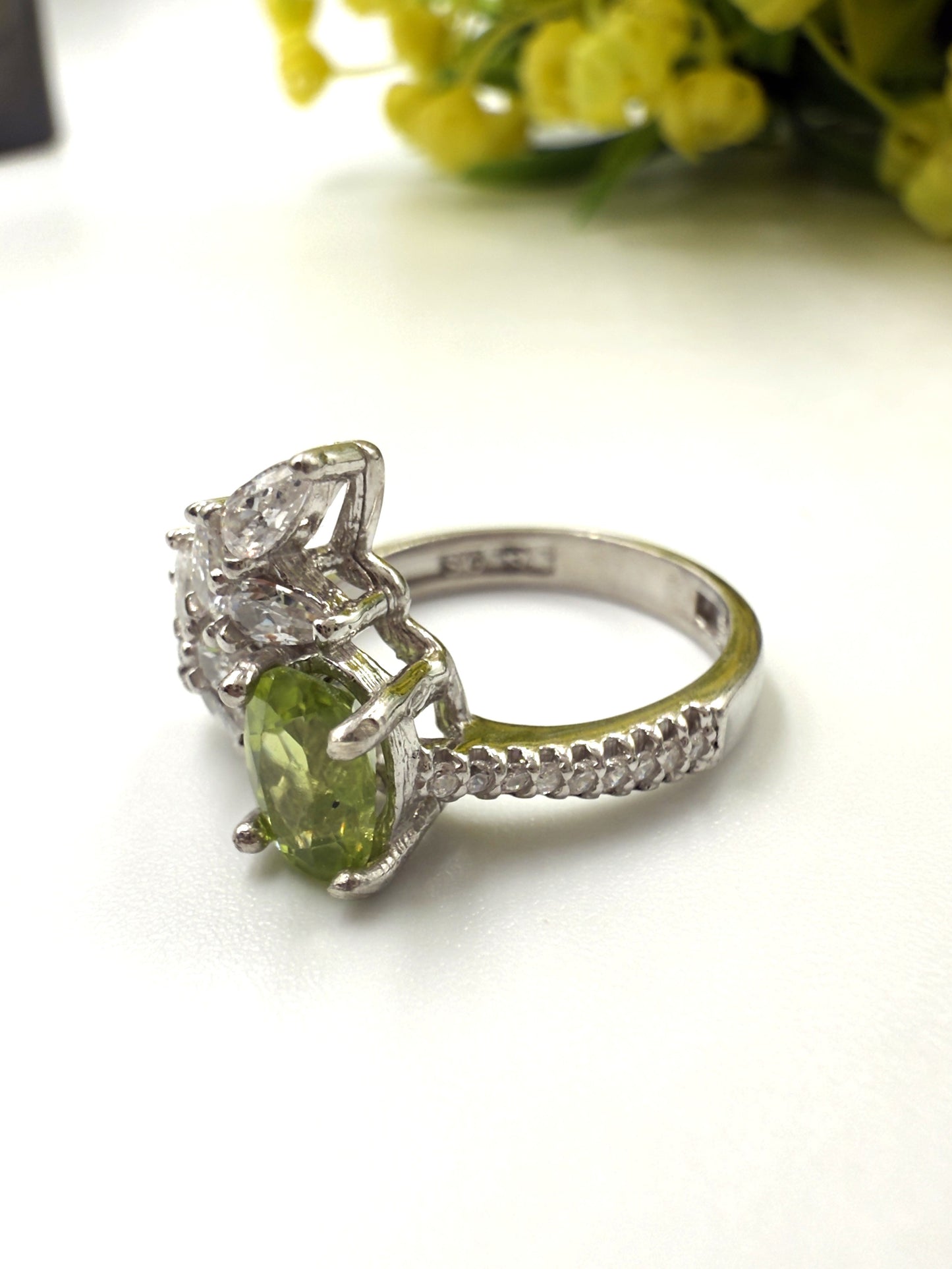 Elegant Natural Peridot & Zircon Accent Silver Ring