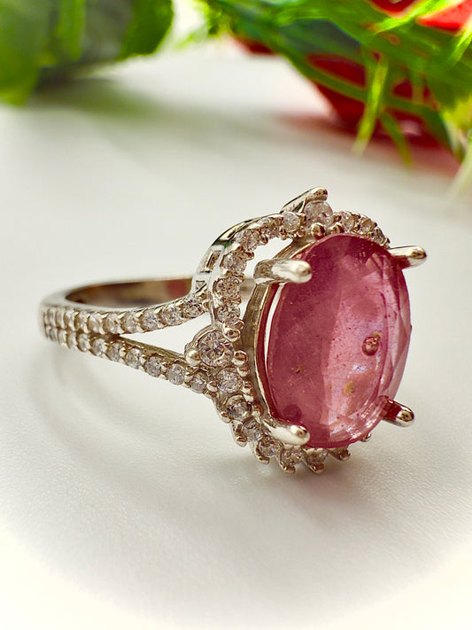 Natural Ruby Halo Silver Ring