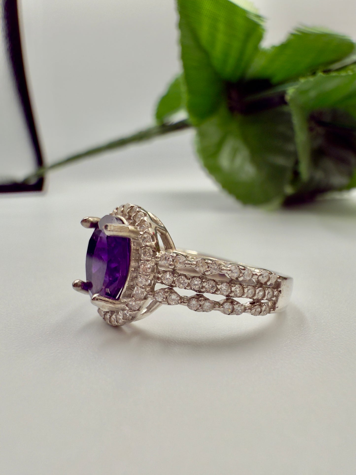 Natural Amethyst Halo Silver Ring