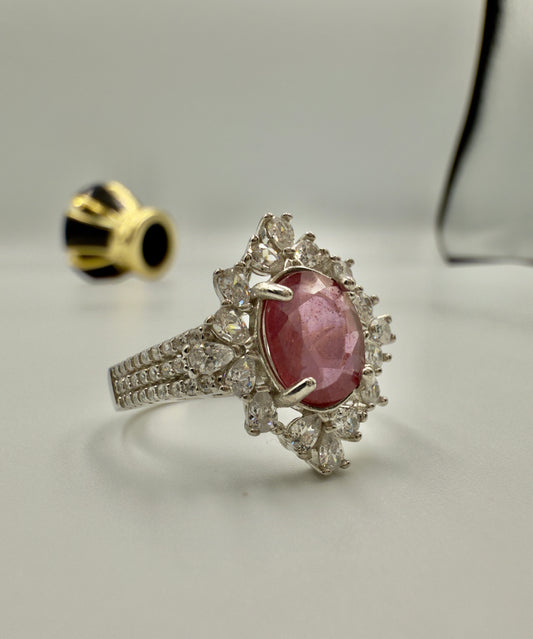 Natural Ruby Halo Silver Ring