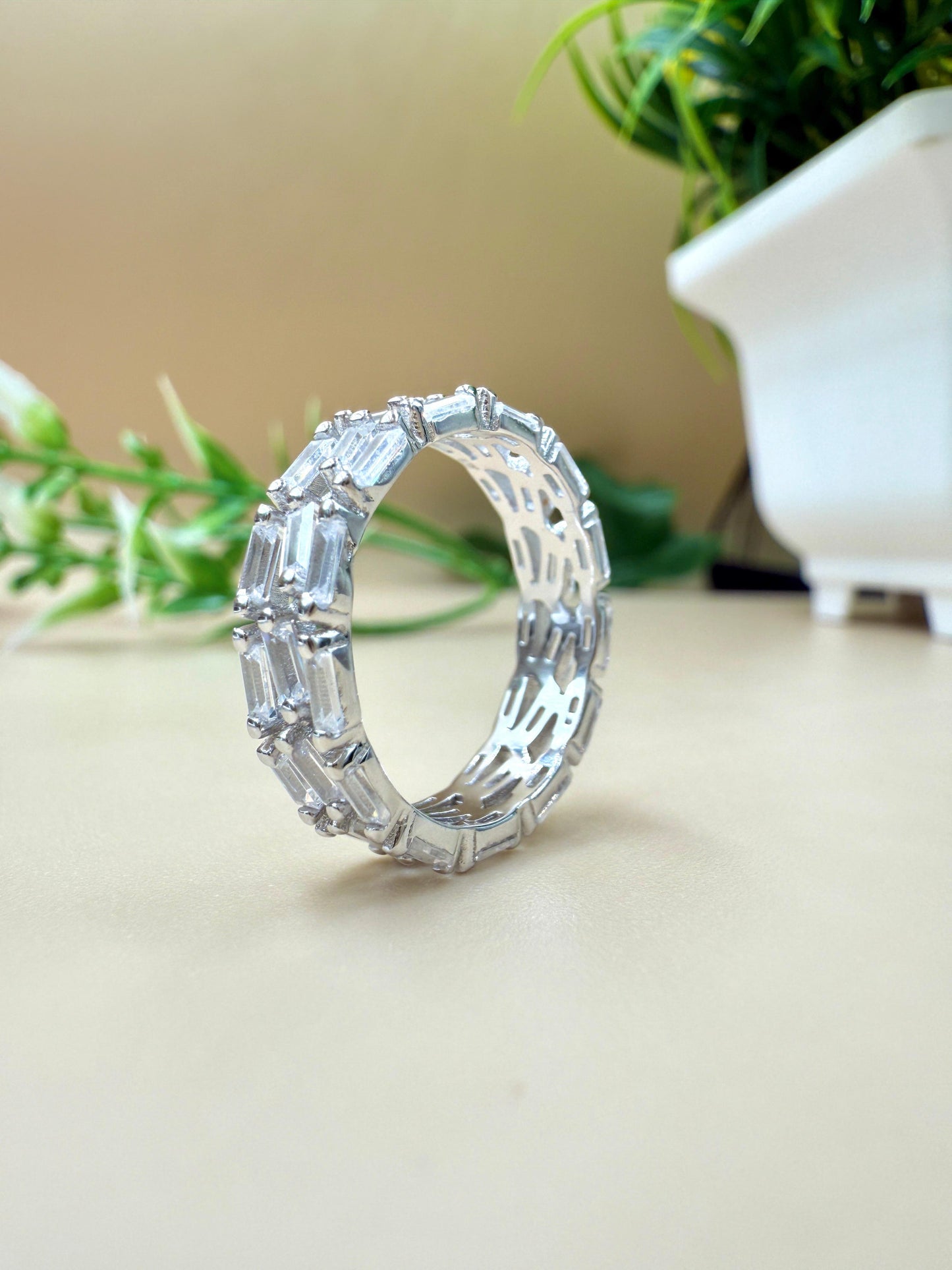 Triple Row Baguette Zircon Silver Ring