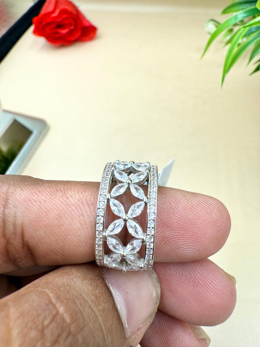Floral Zircon Silver Band Silver Ring