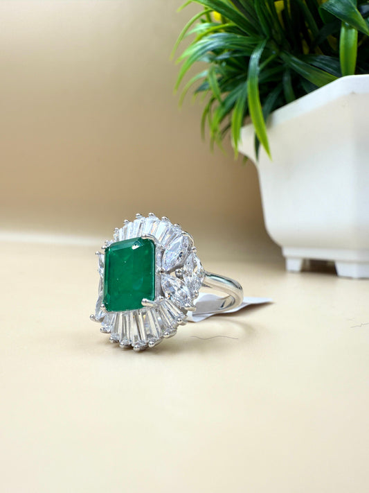 Emerald-Cut Green Zircon Halo Silver Ring