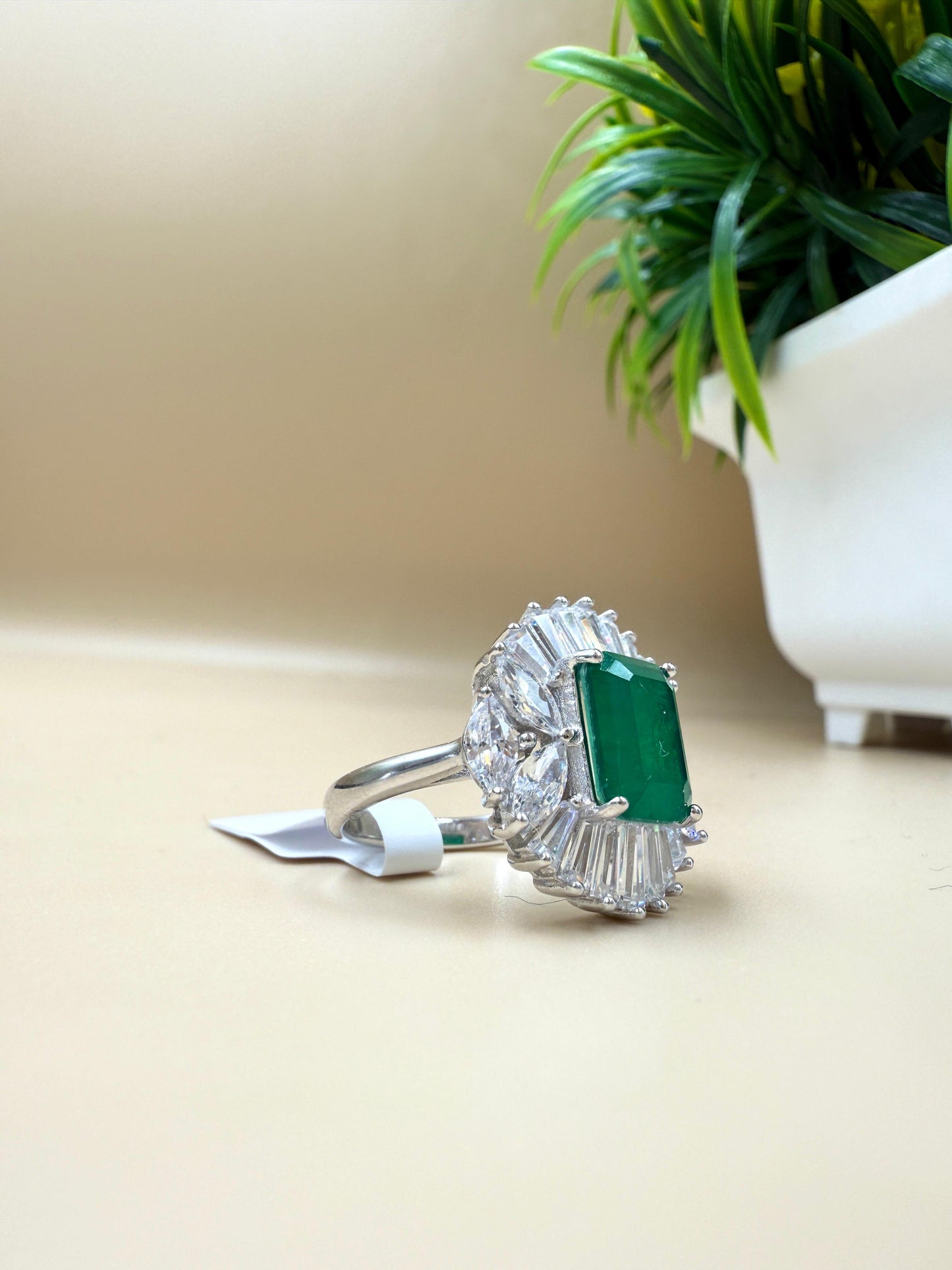 Emerald-Cut Green Zircon Halo Silver Ring