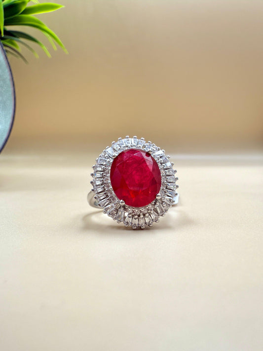 Oval Red Zircon Halo Silver Ring