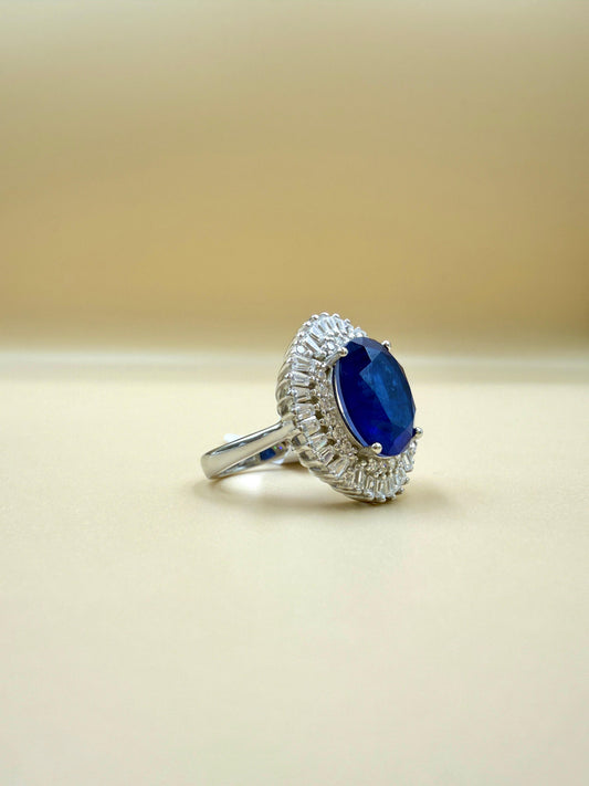 Royal Blue Oval Halo Silver Ring