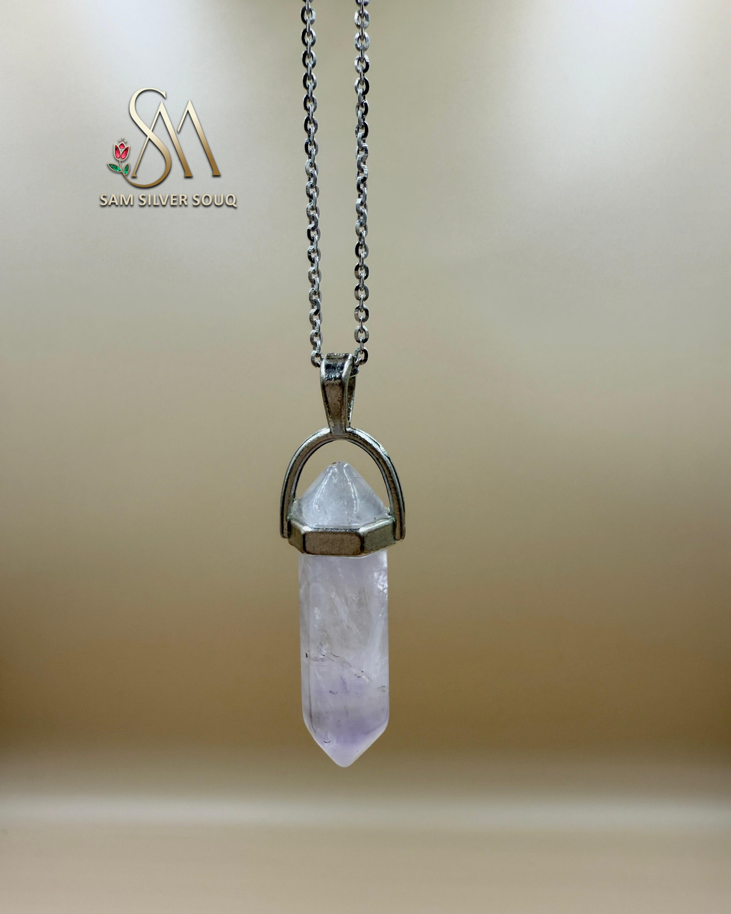 Silver Quartz Crystal Energy Necklace Jewelry, Healing Gemstone, Girl/Woman Necklace