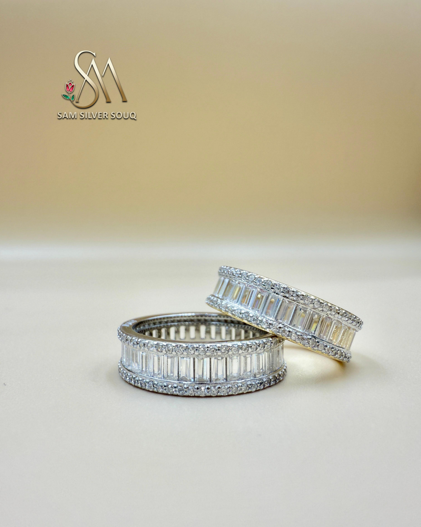 Half Eternity Baguettes & Round Crystals Ring in Silver