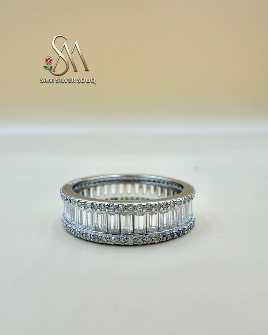 Half Eternity Baguettes & Round Crystals Ring in Silver