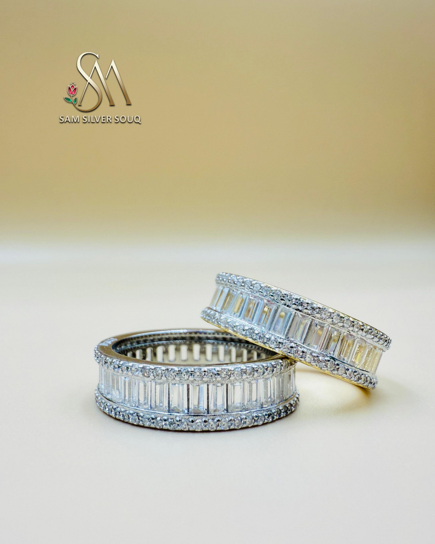 Half Eternity Baguettes & Round Crystals Ring in Silver