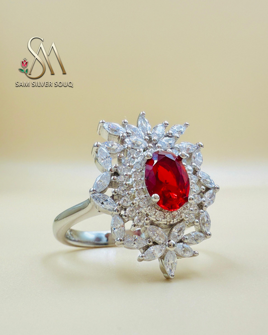 SILVER RING WITH RED COLORED STONE