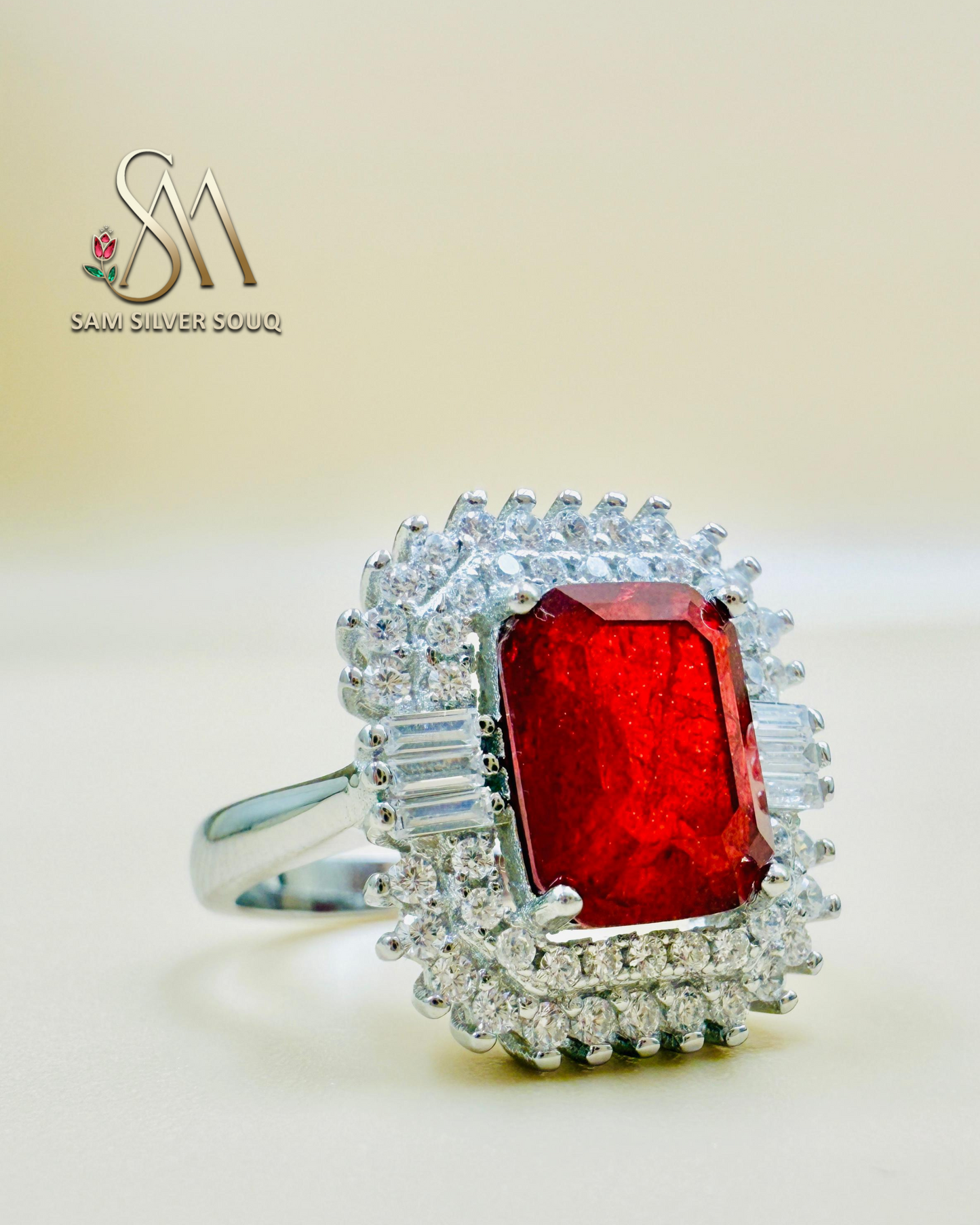 SILVER RING - RUBY COLORED STONE