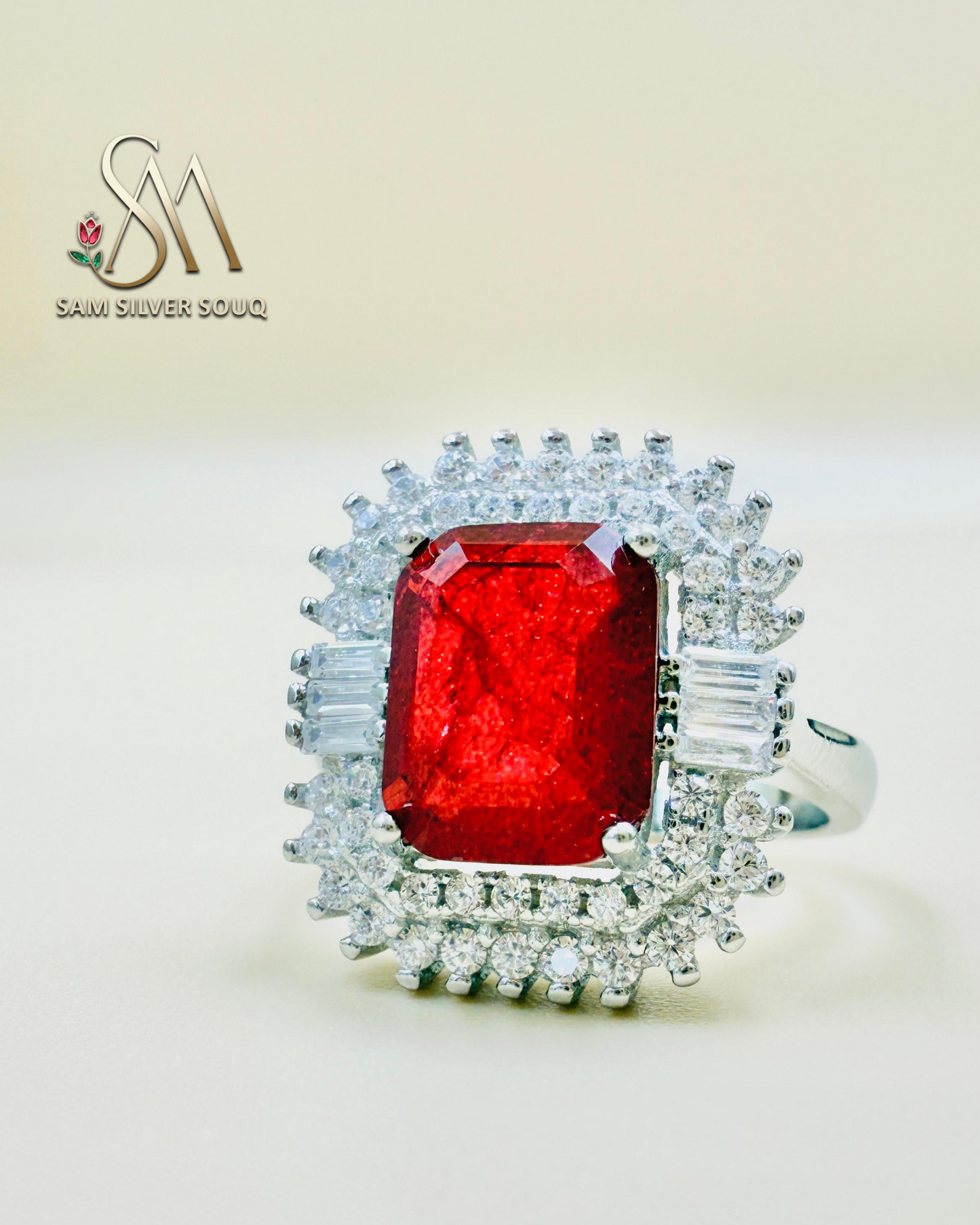 SILVER RING - RUBY COLORED STONE