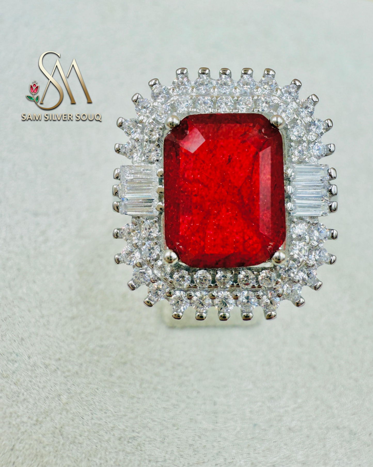 SILVER RING - RUBY COLORED STONE