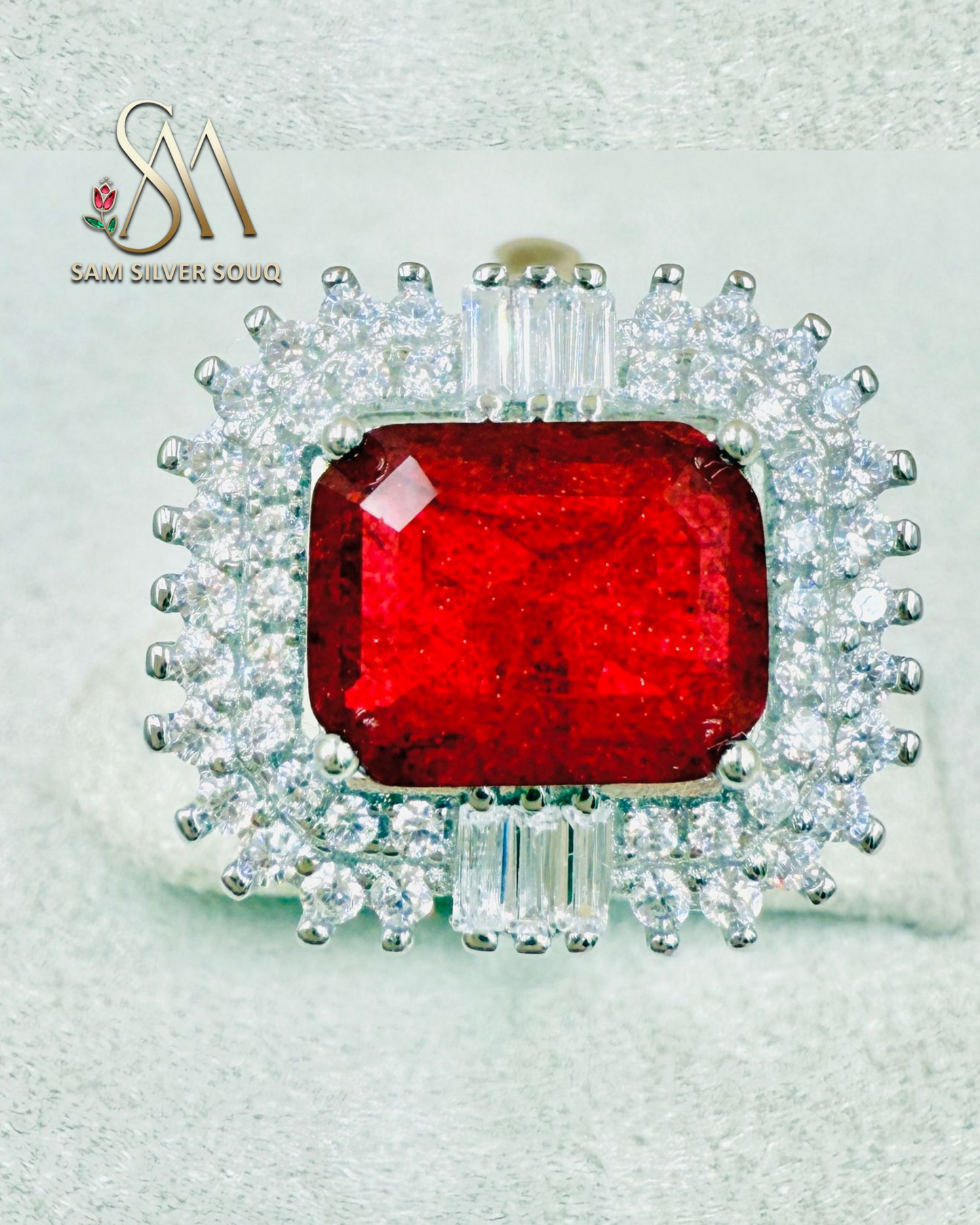 SILVER RING - RUBY COLORED STONE