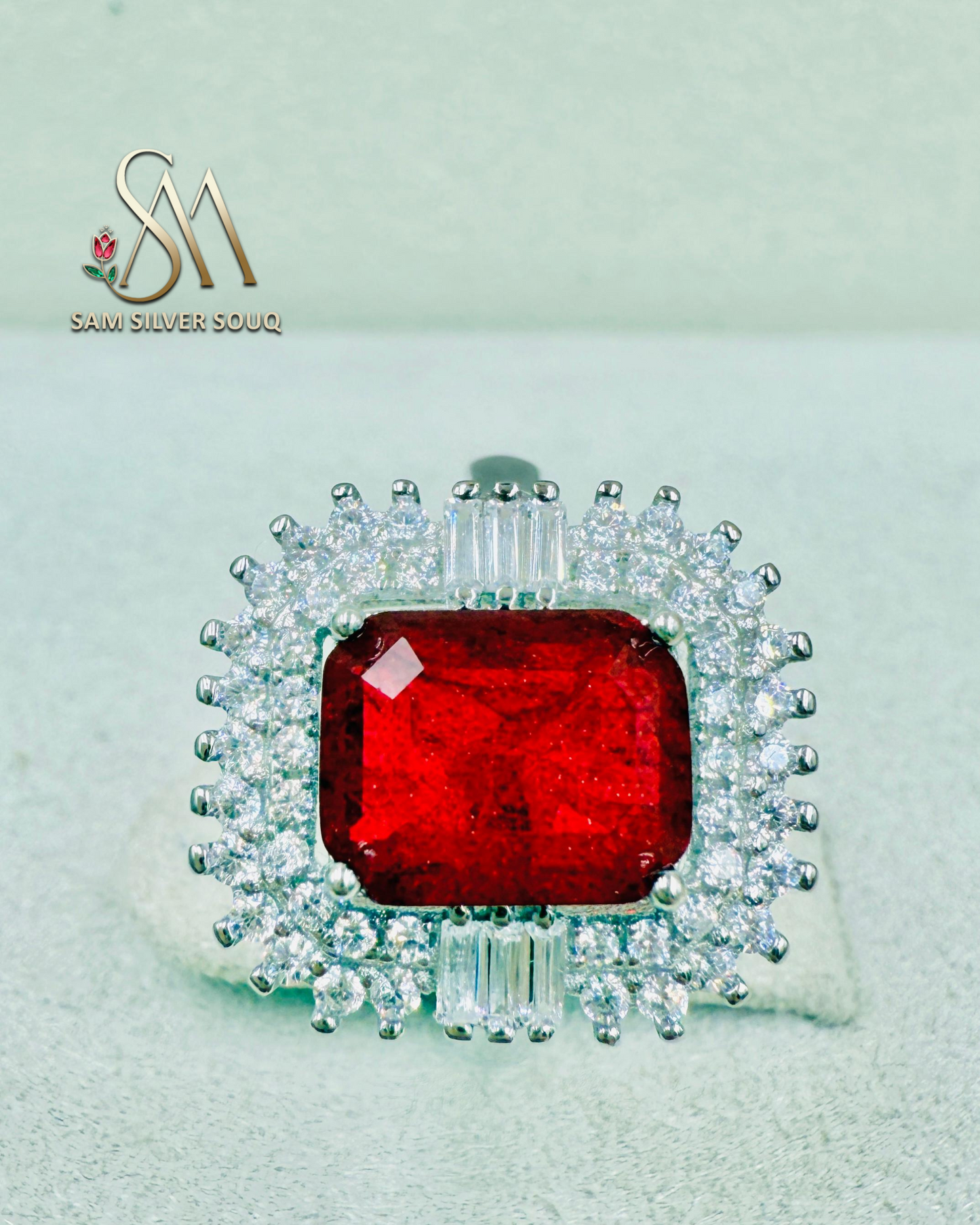 SILVER RING - RUBY COLORED STONE