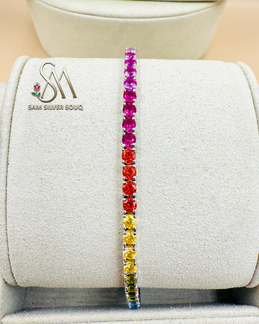 SILVER 925 Sterling Silver Premium Rainbow Sapphire Tennis Bracelet For Girls/Women to Gift