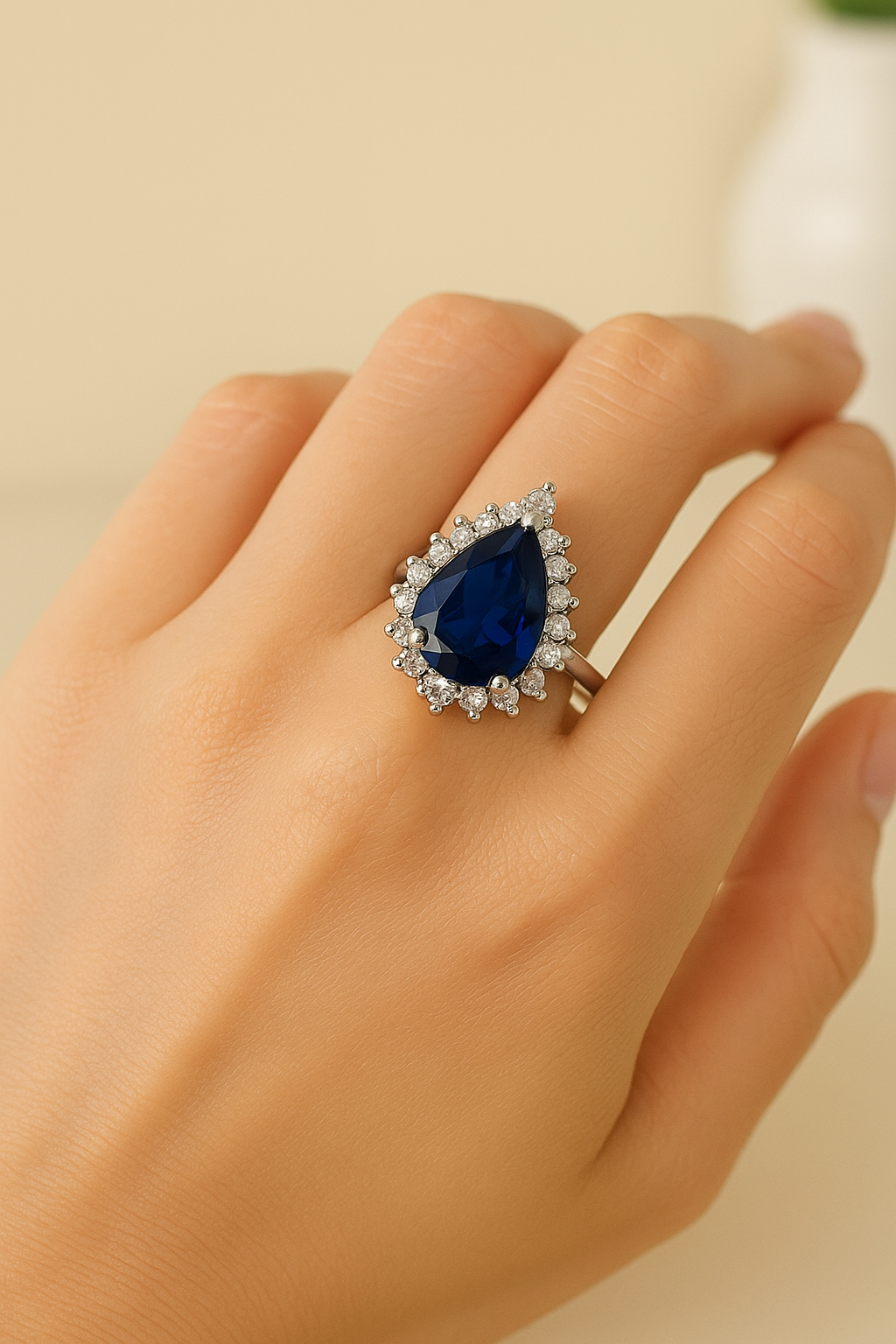 Pear-Shaped Blue Sapphire Zircon Halo Silver Ring