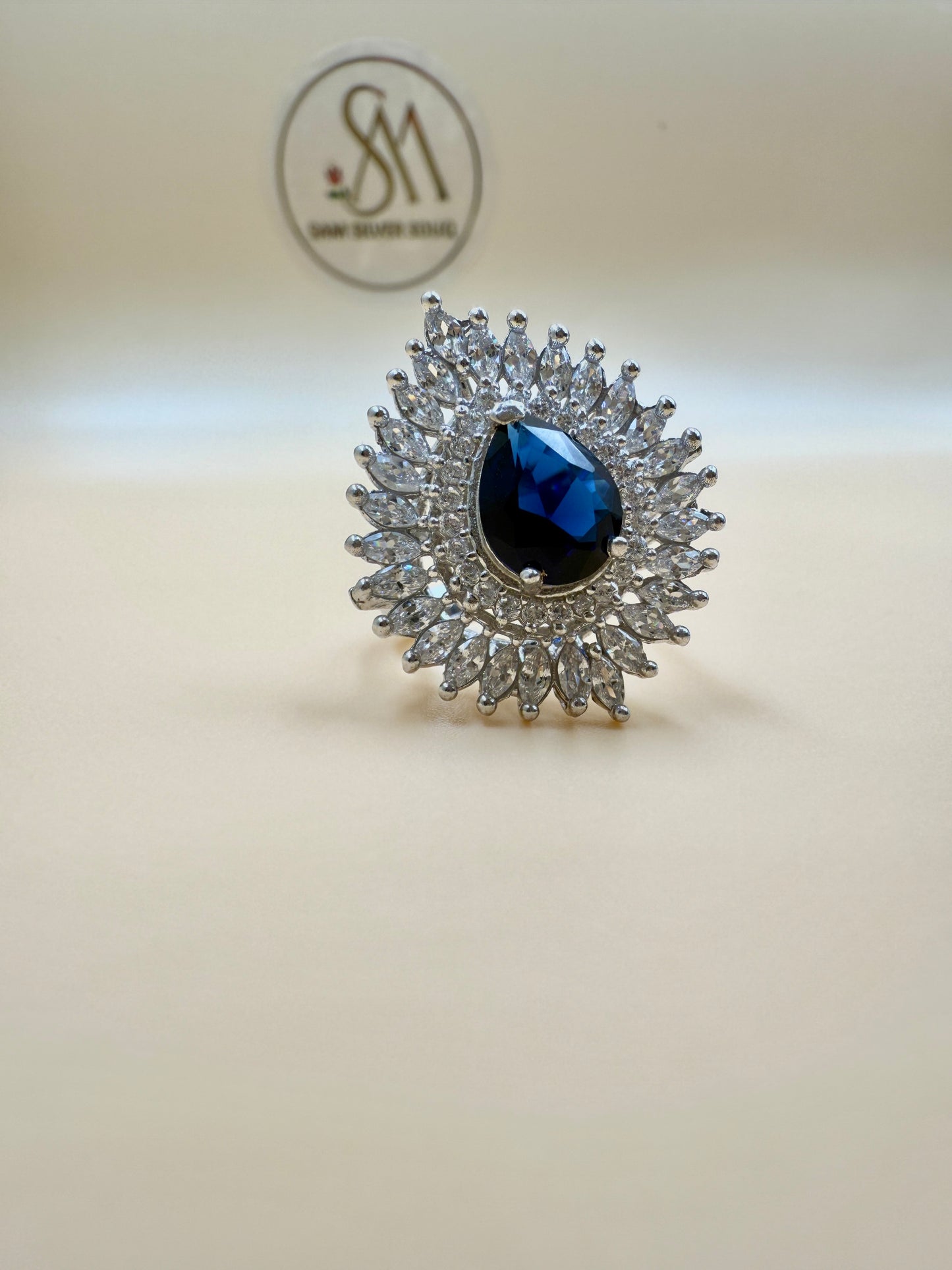 Royal Blue Halo Statement Silver Ring