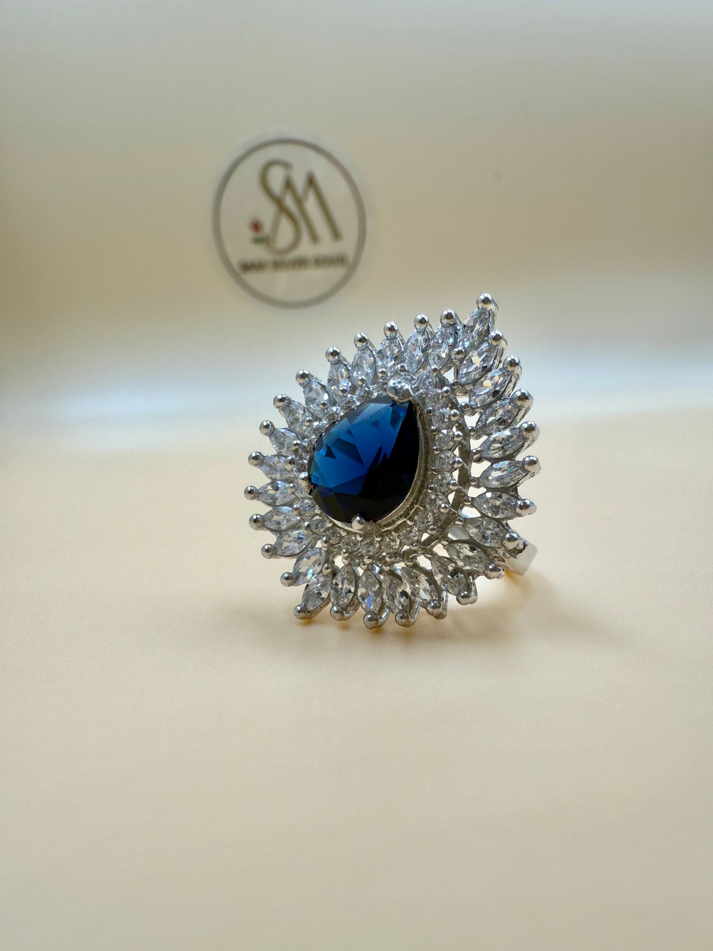 Royal Blue Halo Statement Silver Ring