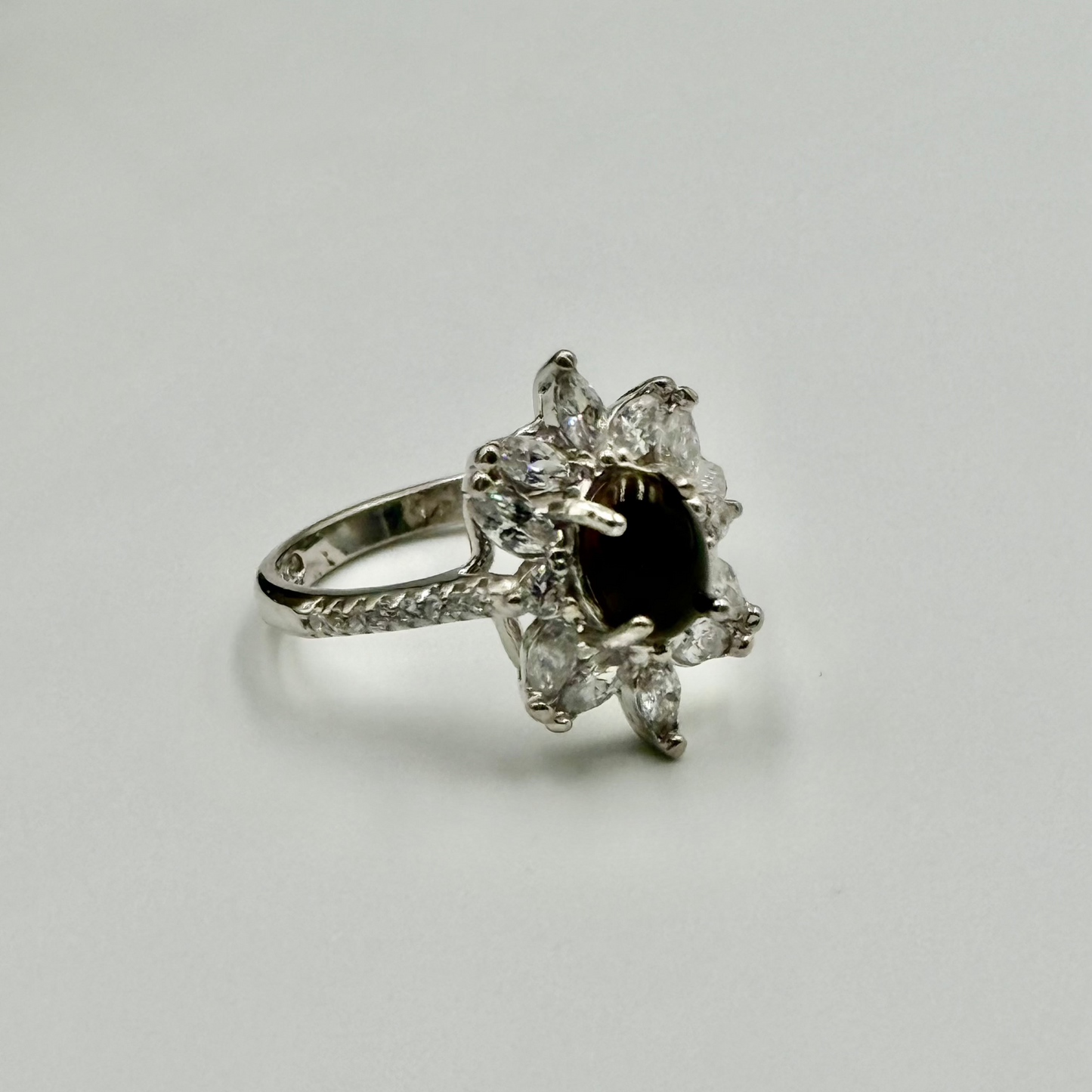 Elegant Smoky Quartz & Zircon Flower Silver Ring