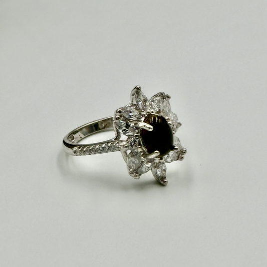 Elegant Smoky Quartz & Zircon Flower Silver Ring