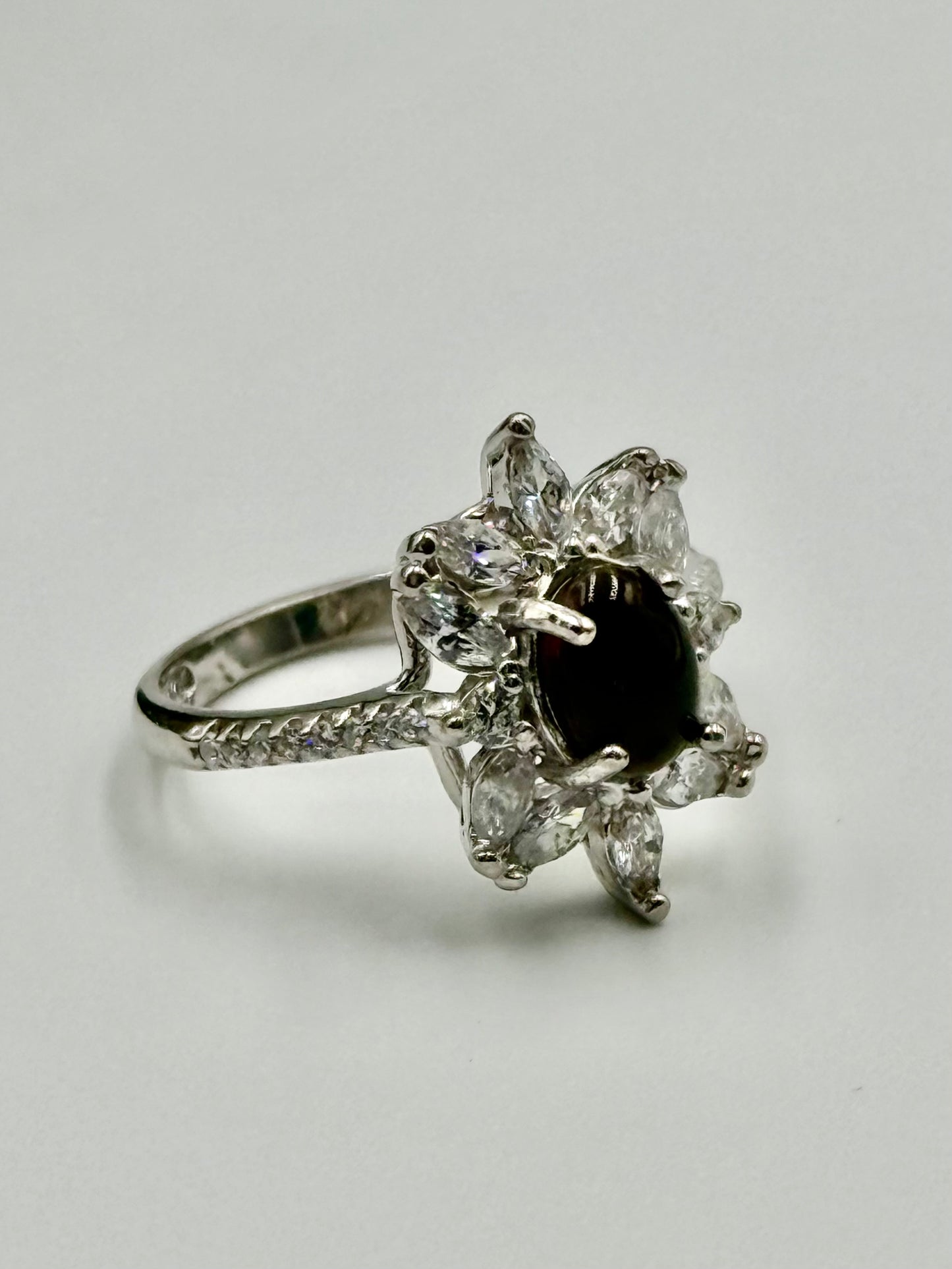 Elegant Smoky Quartz & Zircon Flower Silver Ring