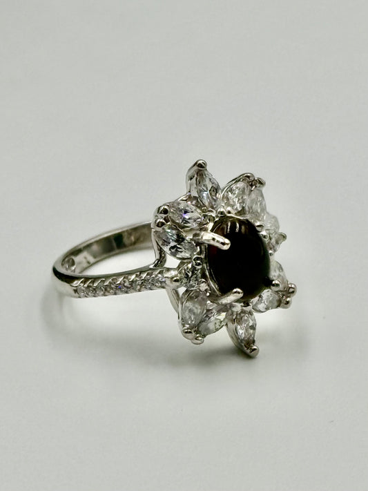 Elegant Smoky Quartz & Zircon Flower Silver Ring