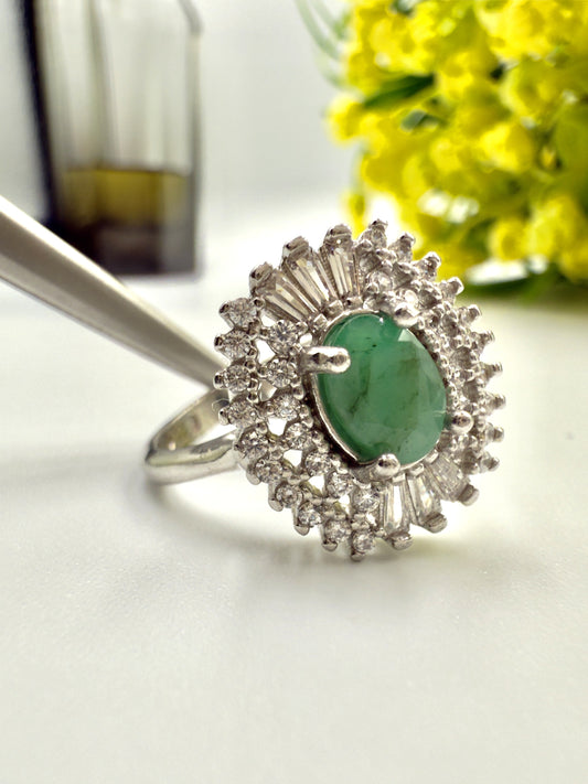 Natural Green Emerald With Zircon Halo Silver Ring
