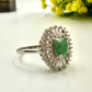 Natural Green Emerald With Zircon Halo Silver Ring