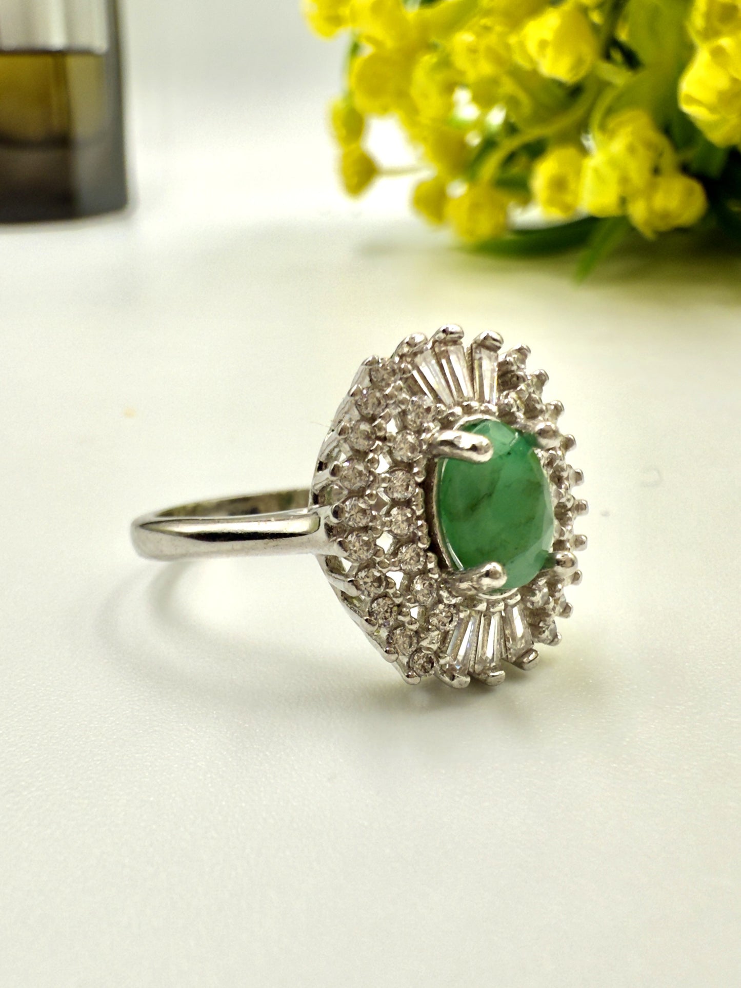 Natural Green Emerald With Zircon Halo Silver Ring