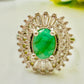 Natural Green Emerald With Zircon Halo Silver Ring