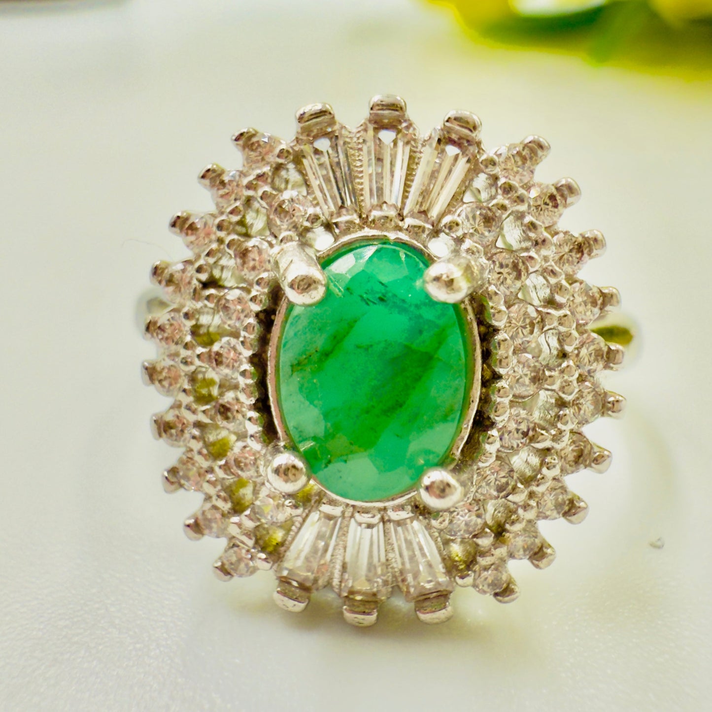 Natural Green Emerald With Zircon Halo Silver Ring