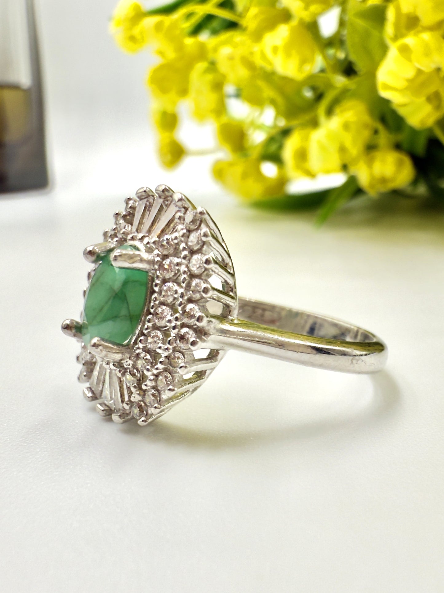 Natural Green Emerald With Zircon Halo Silver Ring
