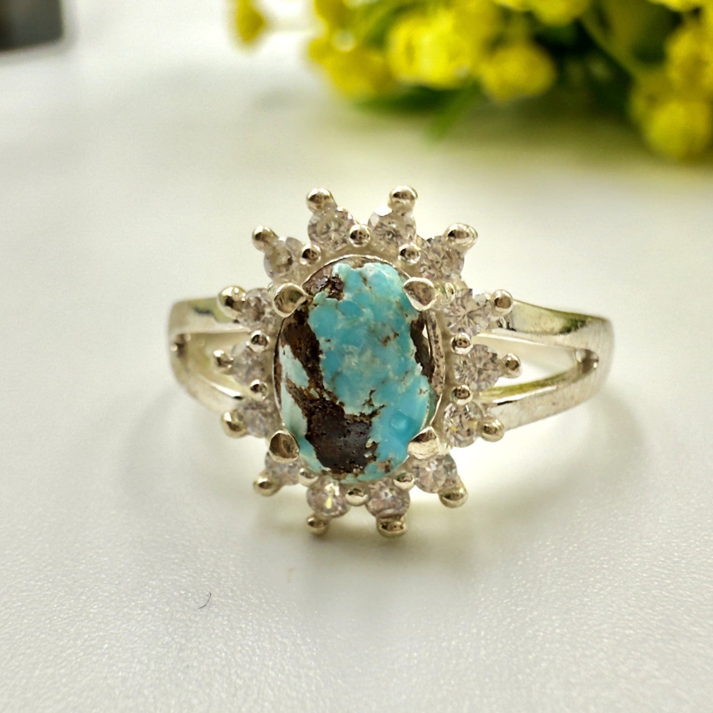 Natural Turquoise & Zircon 925 Silver Ring