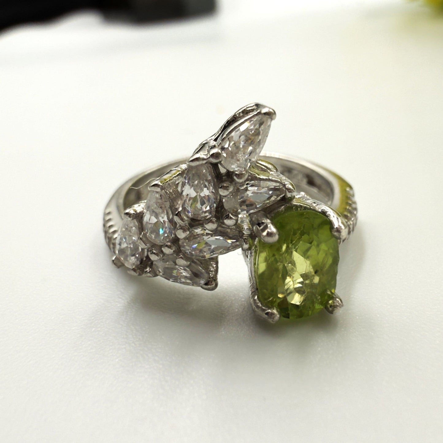 Elegant Natural Peridot & Zircon Accent Silver Ring