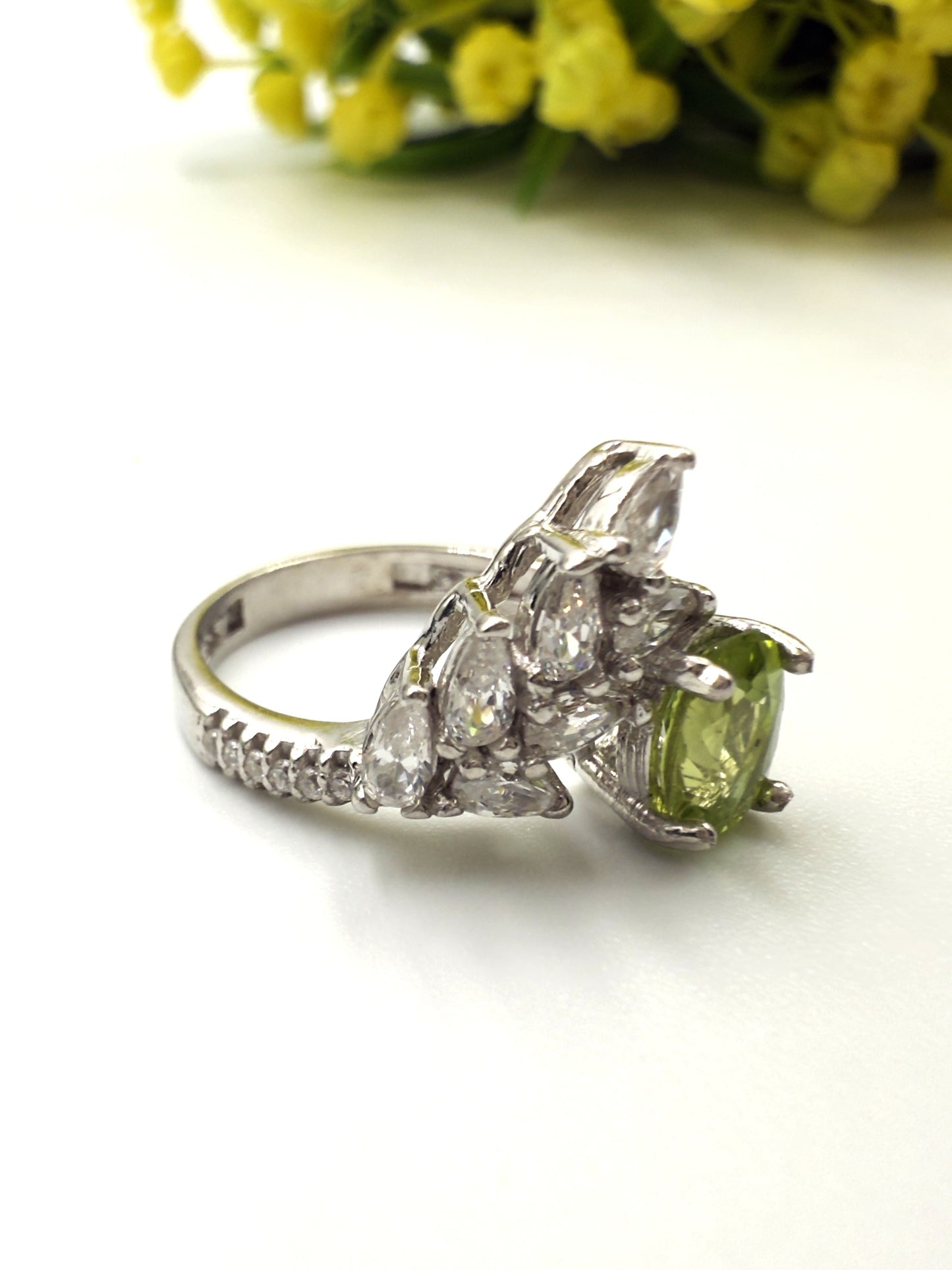 Elegant Natural Peridot & Zircon Accent Silver Ring
