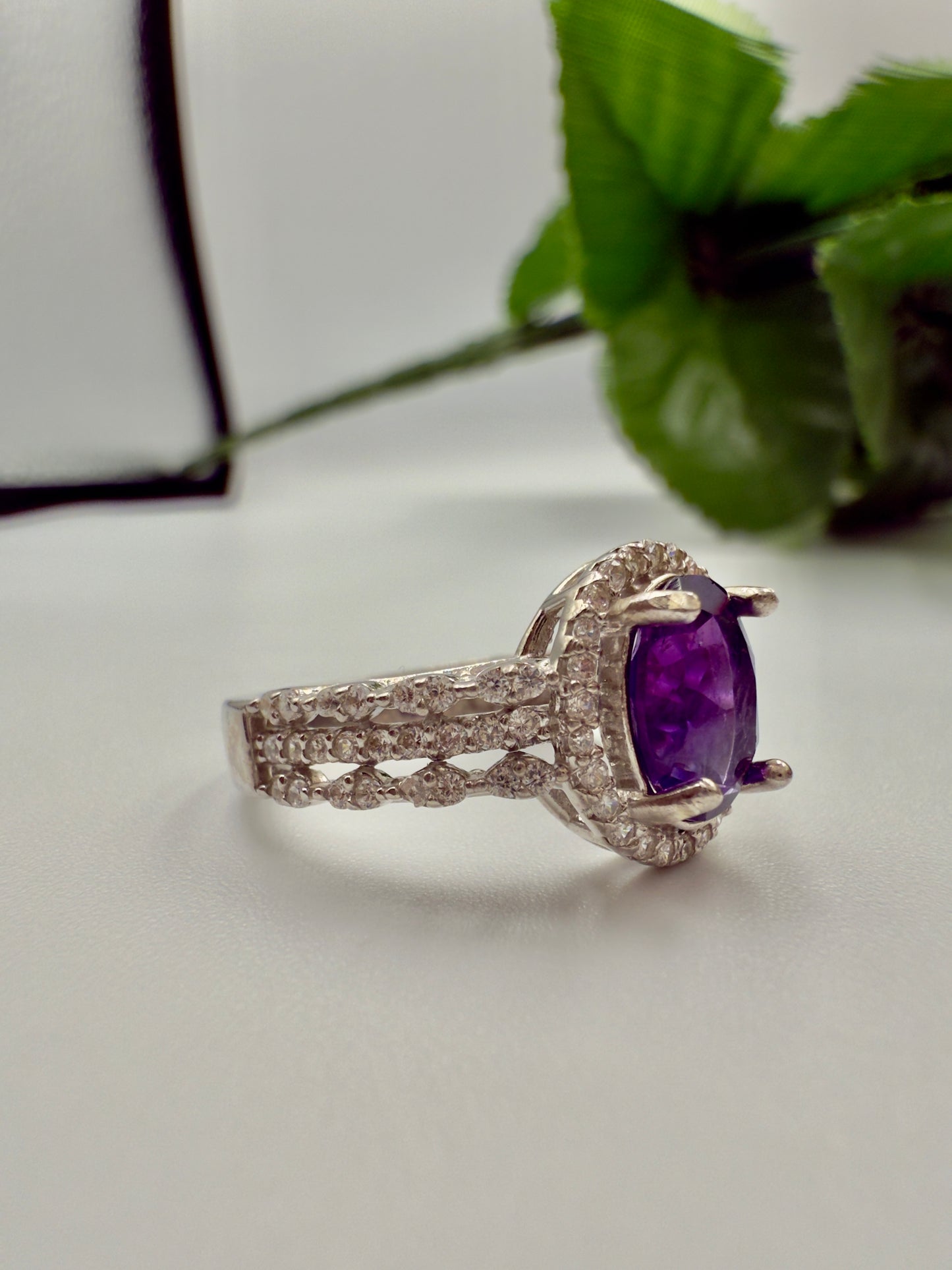 Natural Amethyst Halo Silver Ring