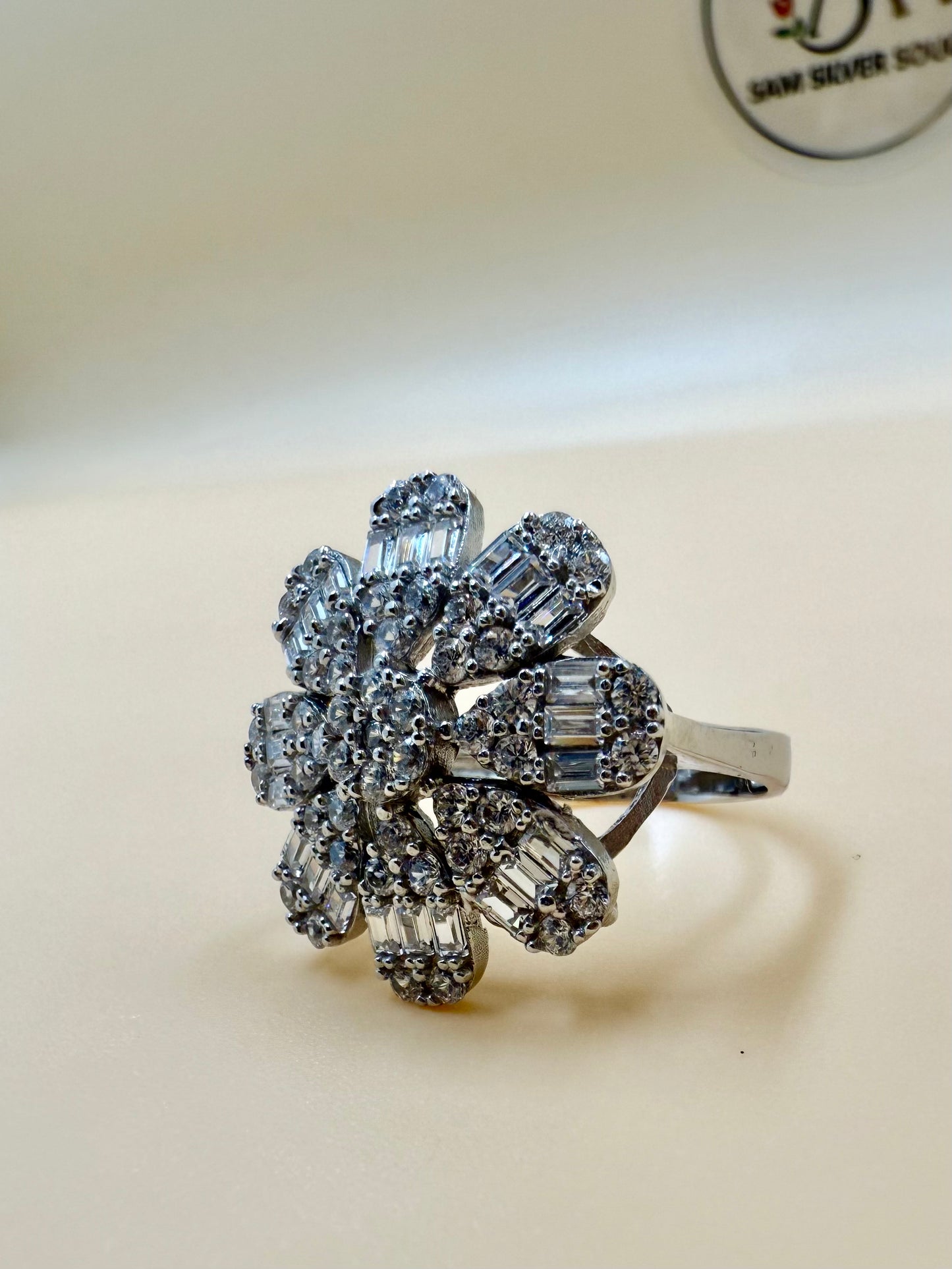 Floral Burst White Zircon Cocktail Silver Ring